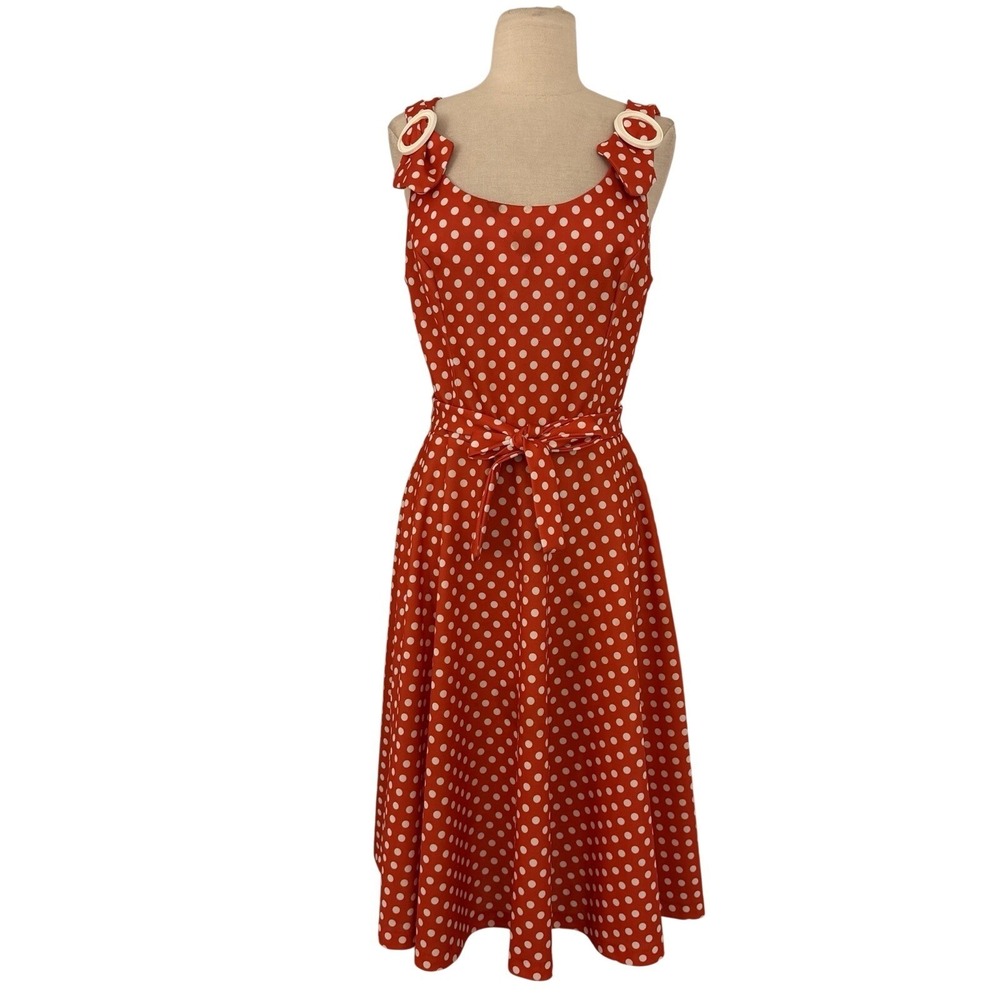 VTG 70s Sears Fashions Polka Dot Summer Dress Sz L Red Orange White Pin Up Retro